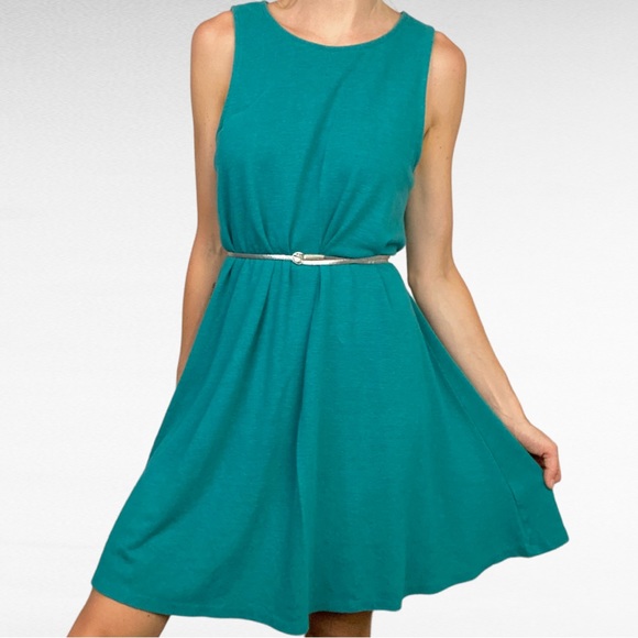 Old Navy | Teal Green Sleeveless Scoop Neck Linen Blend A-Line Swing Dress - Picture 10 of 11
